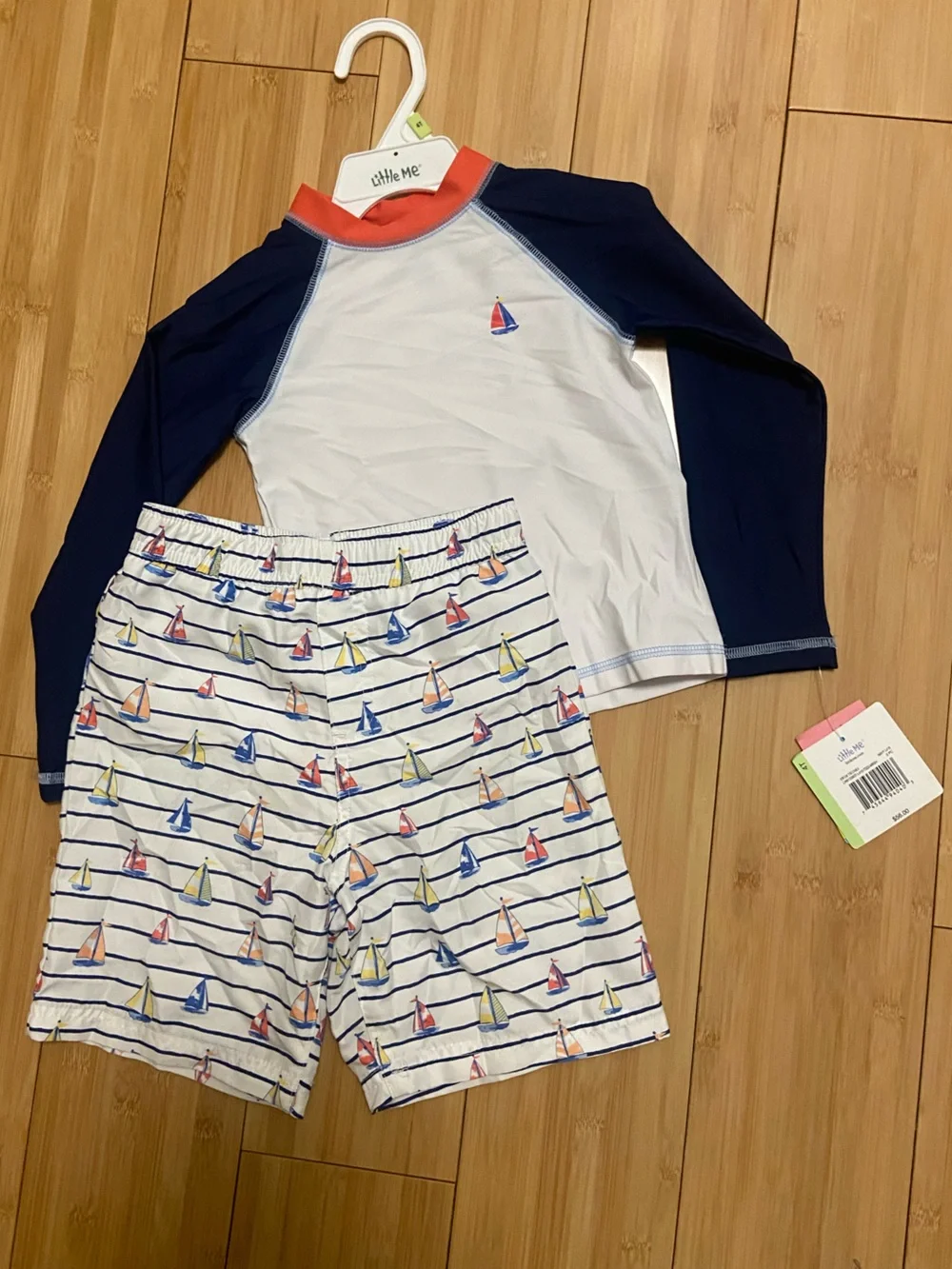 Little Me Navy, White & Coral Sailboat Rashguard Swim Trunk Set Sz 4 Boys